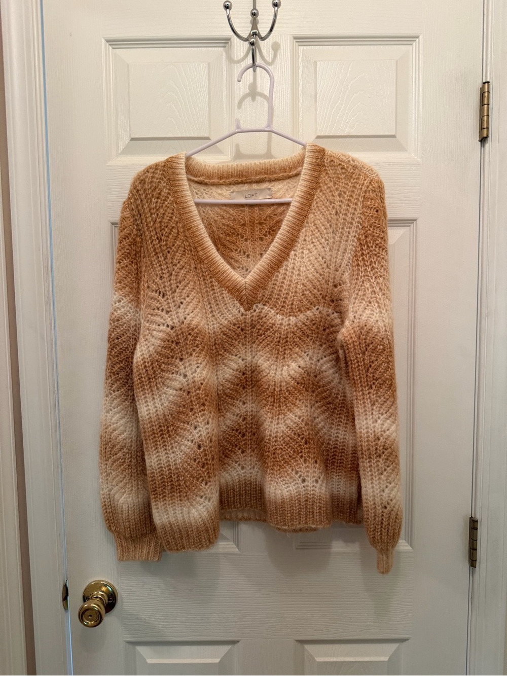 LOFT Tie-Dye V-Neck Knit Sweater in Tan and Cream
